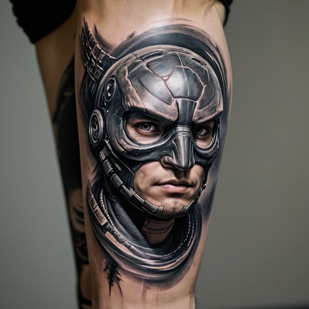 KI-Tattoo-Flash von Digital Rebel: fotorealistisches Cyborg-Portrait mit Maske in Black-and-Grey-Realism