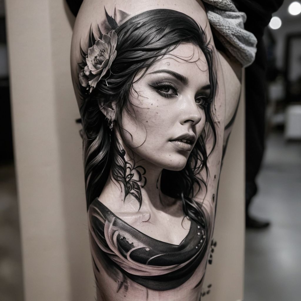KI-Tattoo-Flash: Frauen-Portrait mit Blüte in Black-and-Grey-Realism