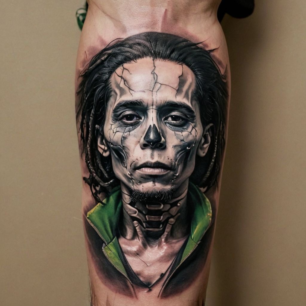 KI-generierter Tattoo-Flash: Portrait mit Totenkopf-Elementen, umgesetzt als Black-and-Grey-Realism-Tattoo